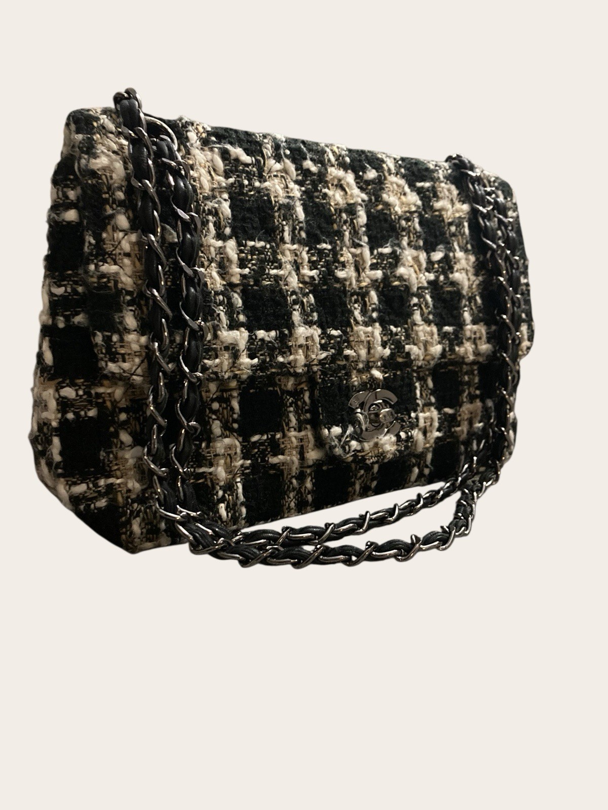 Vintage Tweed Chain Flap Shoulder Bag Black White Bouclé