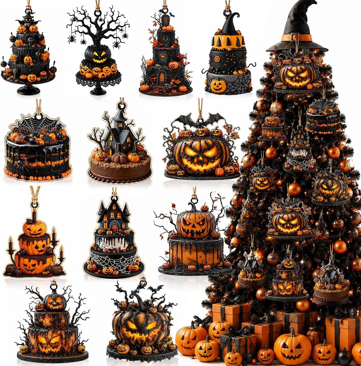 12Pcs Vintage Halloween Tree Ornaments Fall Hanging Orange Black 12Pcs Vintage Halloween Tree Ornaments Fall Hanging Orange Black