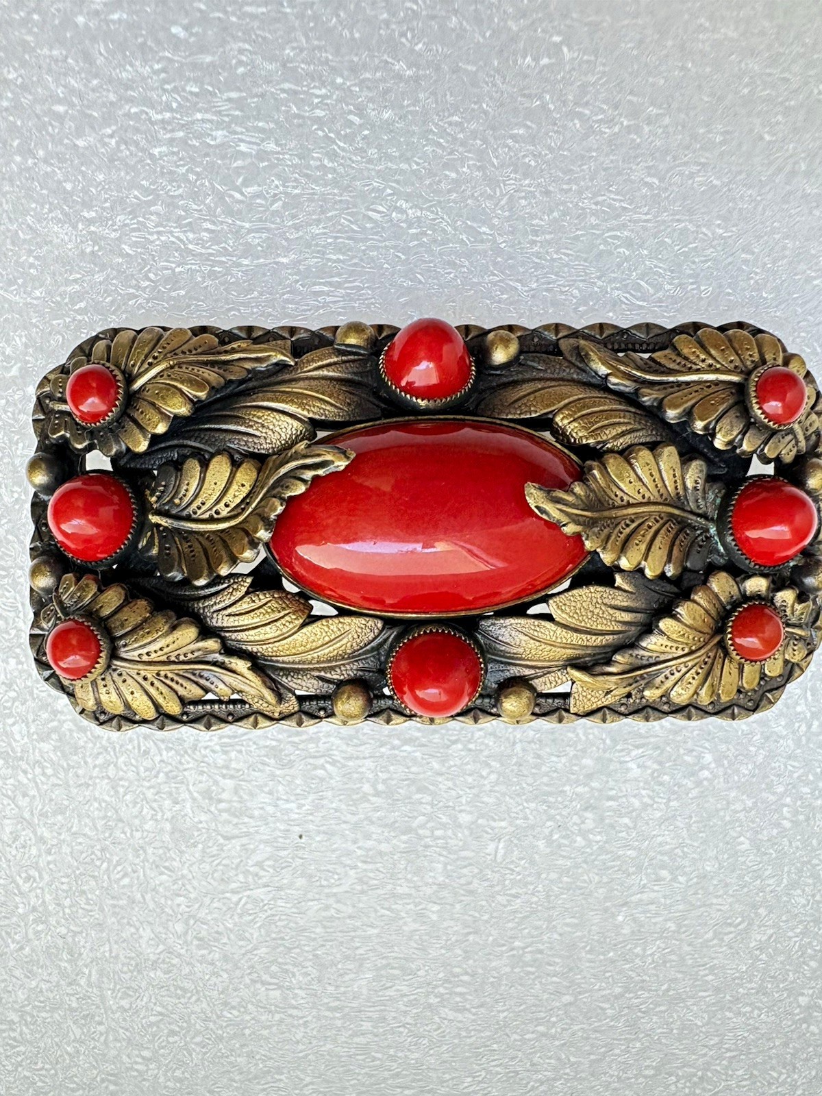 Rare Antique Neiger Brothers Brooch Art Deco Czech Brass Faux Coral Glass Pin