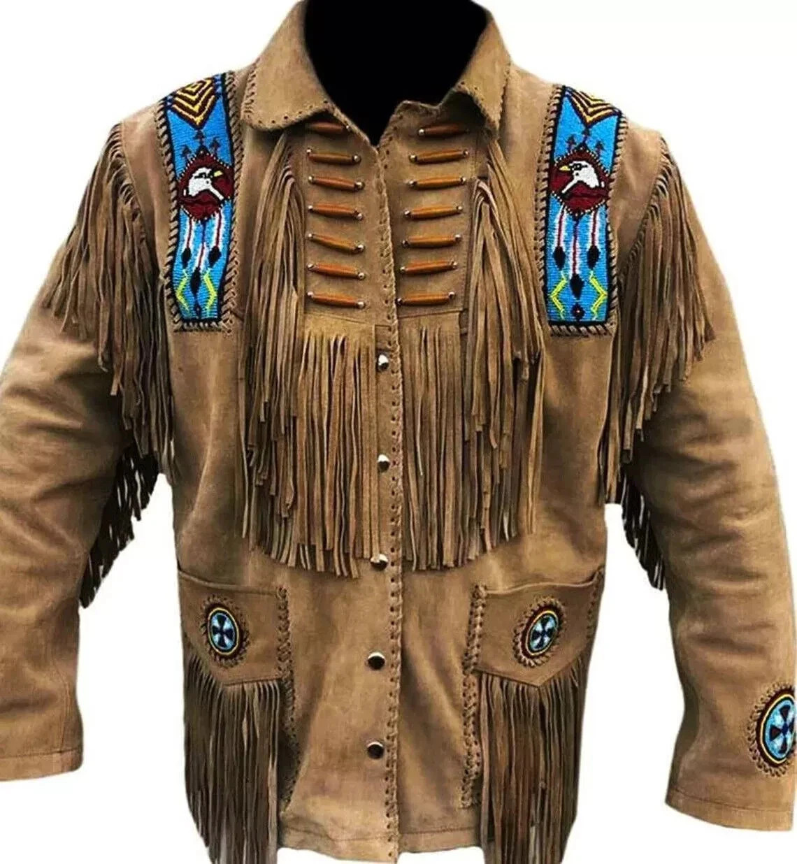 Mens Buckskin Leather Suede Jacket Fringes Deerskin Mountain Man Native American