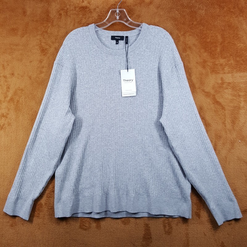 THEORY Sweater Mens XXL Grey Pullover Crew Ribbed Knit RILAND $225 THEORY Sweater Mens XXL Grey Pullover Crew Ribbed Knit RILAND $225