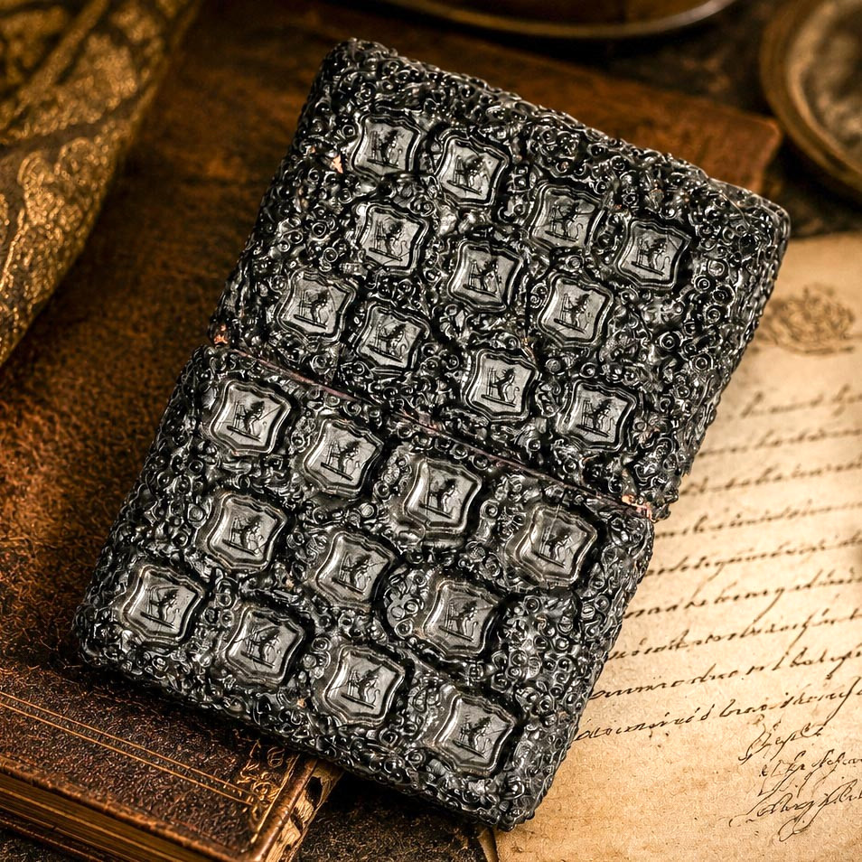 Victorian Antique Gutta-Percha Calling Card Case Heraldic Armorial Wax Seal