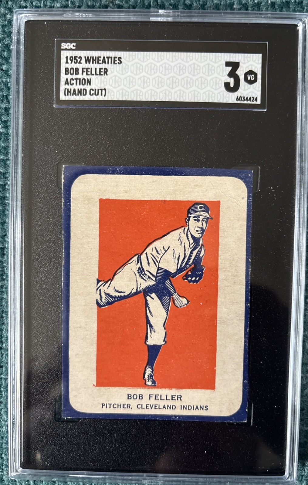 1952 Wheaties Bob Feller In Action Indians HOF Hand Cut SGC 3 VG 1952 Wheaties Bob Feller In Action Indians HOF Hand Cut SGC 3 VG