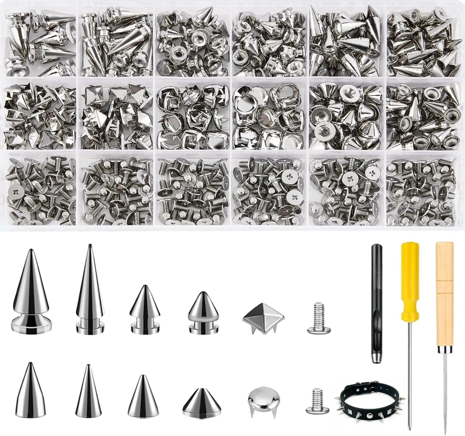 455PCS Punk Spikes and Studs Kit for Clothing, 12 Sizes Premium Metal Cone Spike 455PCS Punk Spikes and Studs Kit for Clothing, 12 Sizes Premium Metal Cone Spike