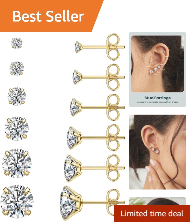 6 Pairs Hypoallergenic 14K Gold Stud Earrings Set - Chic CZ Heights 3-8mm 6 Pairs Hypoallergenic 14K Gold Stud Earrings Set - Chic CZ Heights 3-8mm