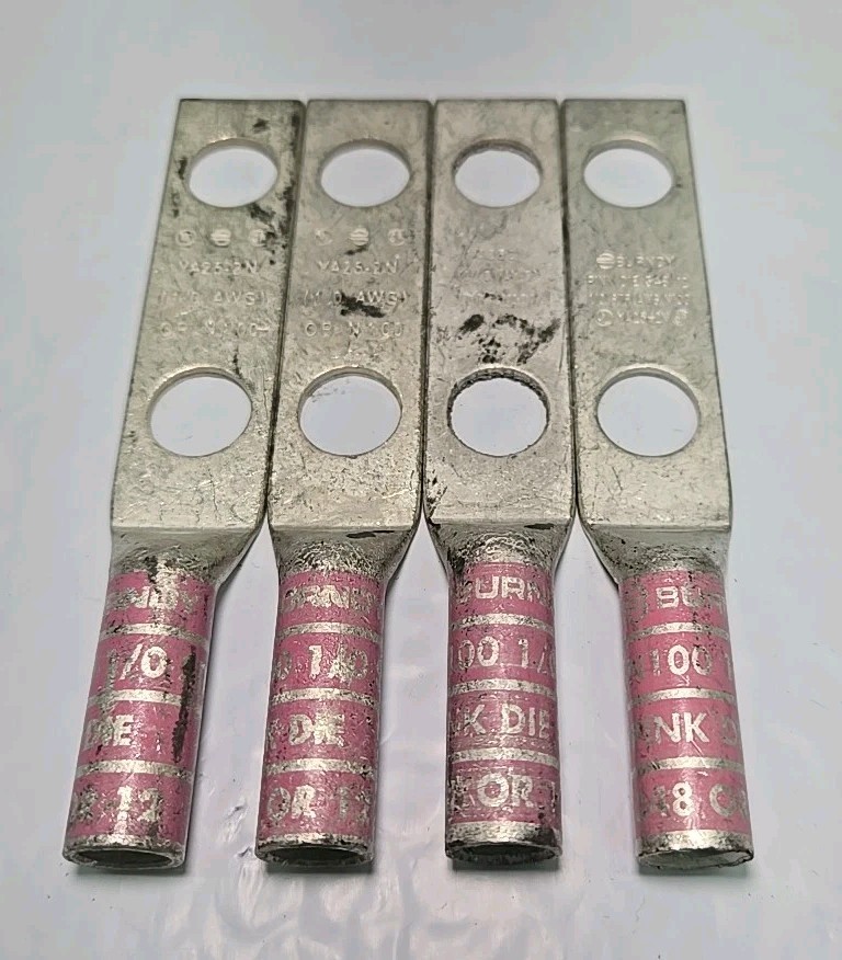 Lot of 4 - BURNDY YA25-2N, YA252N LUG CRIMP N100 1/0 AWG Two HOLE 1/2\ Lot of 4 - BURNDY YA25-2N, YA252N LUG CRIMP N100 1/0 AWG Two HOLE 1/2\