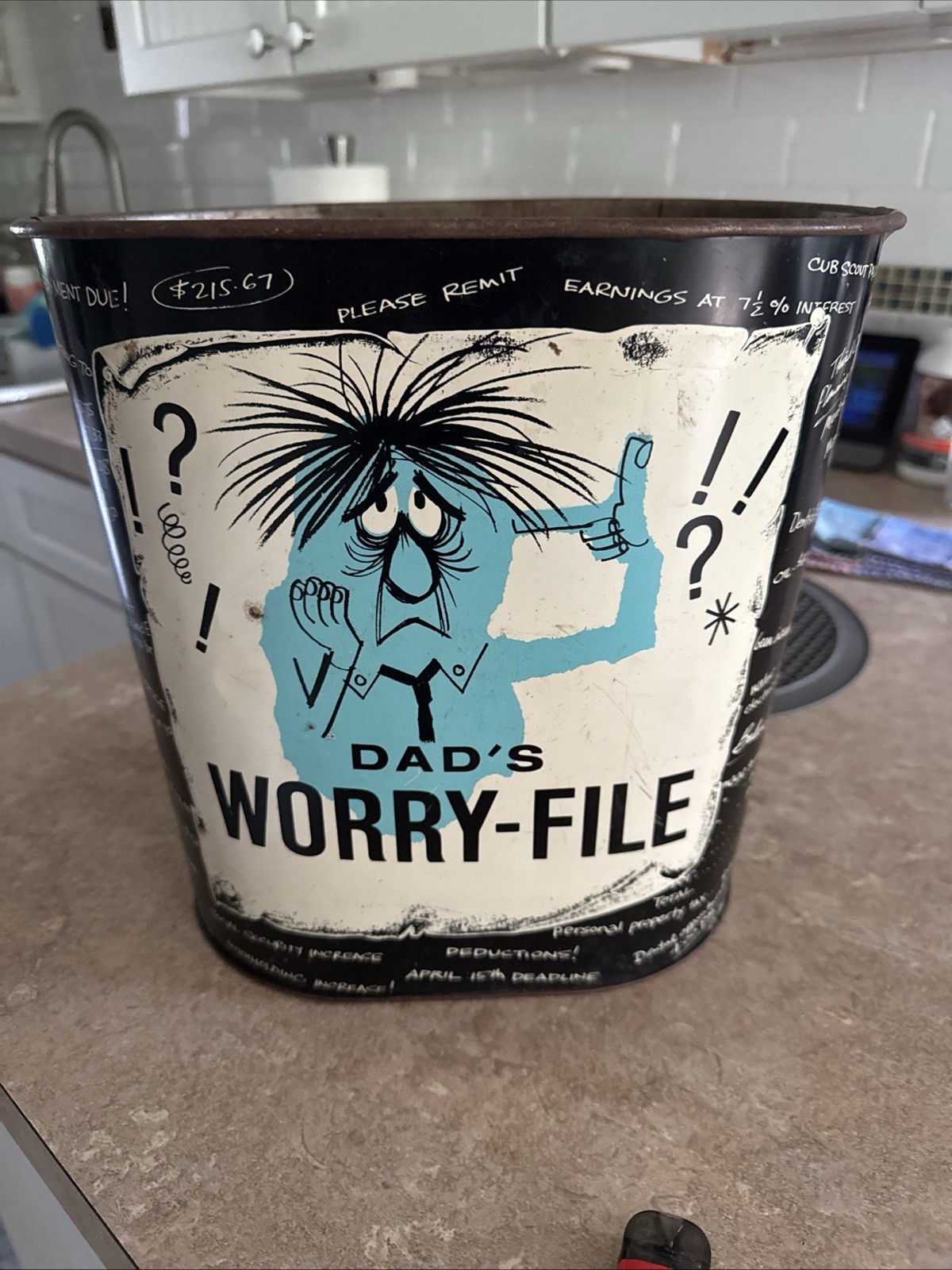 Vtg Weibro Dads Worry File Trash Can Waste Basket USA Rare