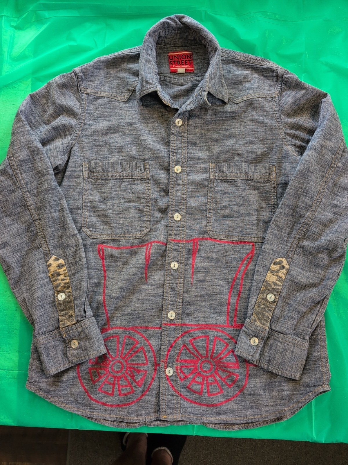 Union Street Classic Apparel Blue Chambray Western Style Shirt With Red Wagon Union Street Classic Apparel Blue Chambray Western Style Shirt With Red Wagon