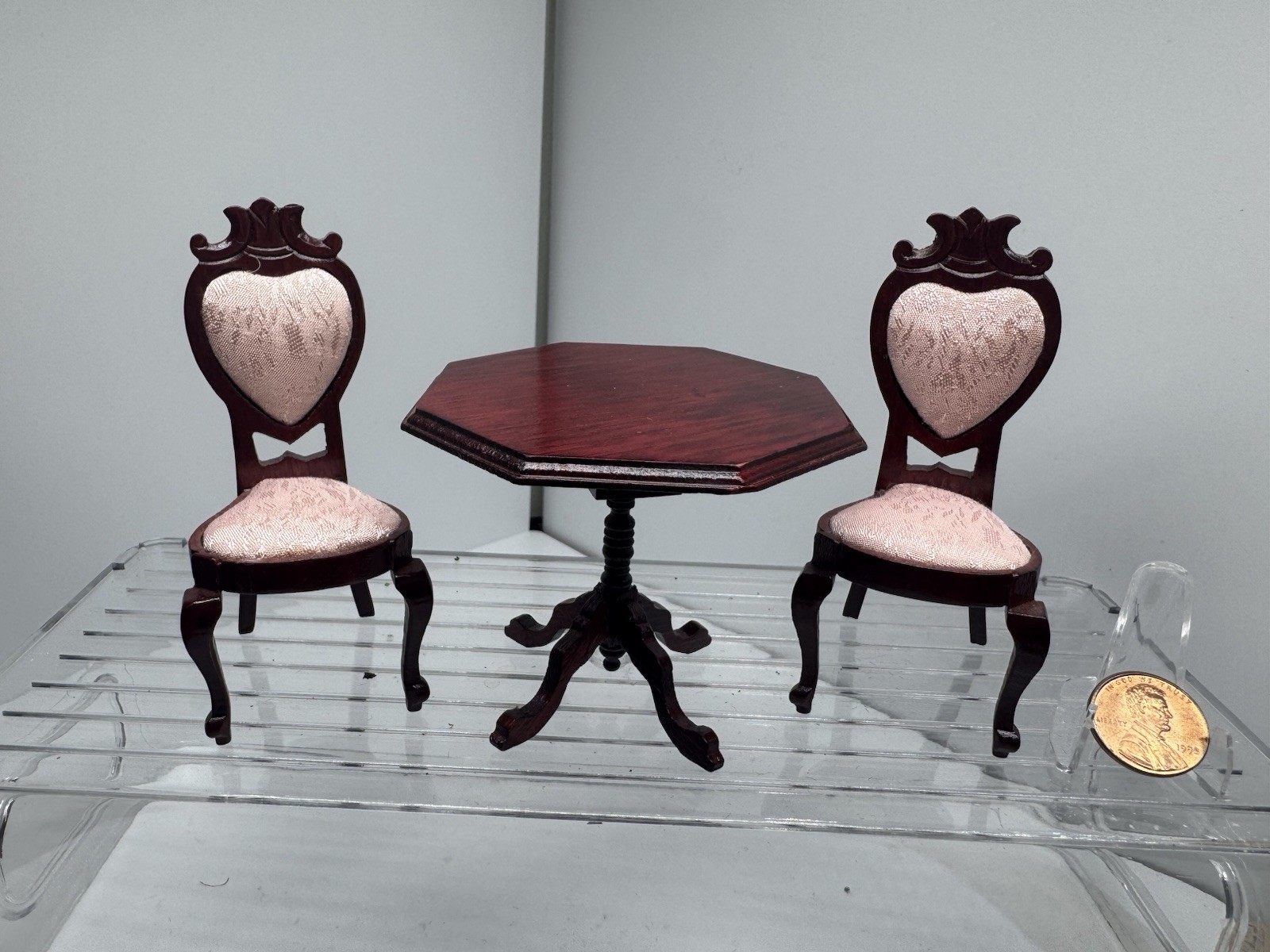 Vintage Dollhouse Furniture Miniatures (3 pc) Parlor Set 1:12 Table, 2 Chairs Vintage Dollhouse Furniture Miniatures (3 pc) Parlor Set 1:12 Table, 2 Chairs