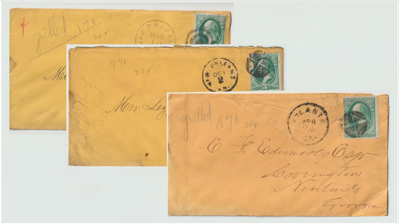 1870s 3c Green Washington, Lot of 3 Covers, New Orleans, Atlanta, Fancy Cancels 