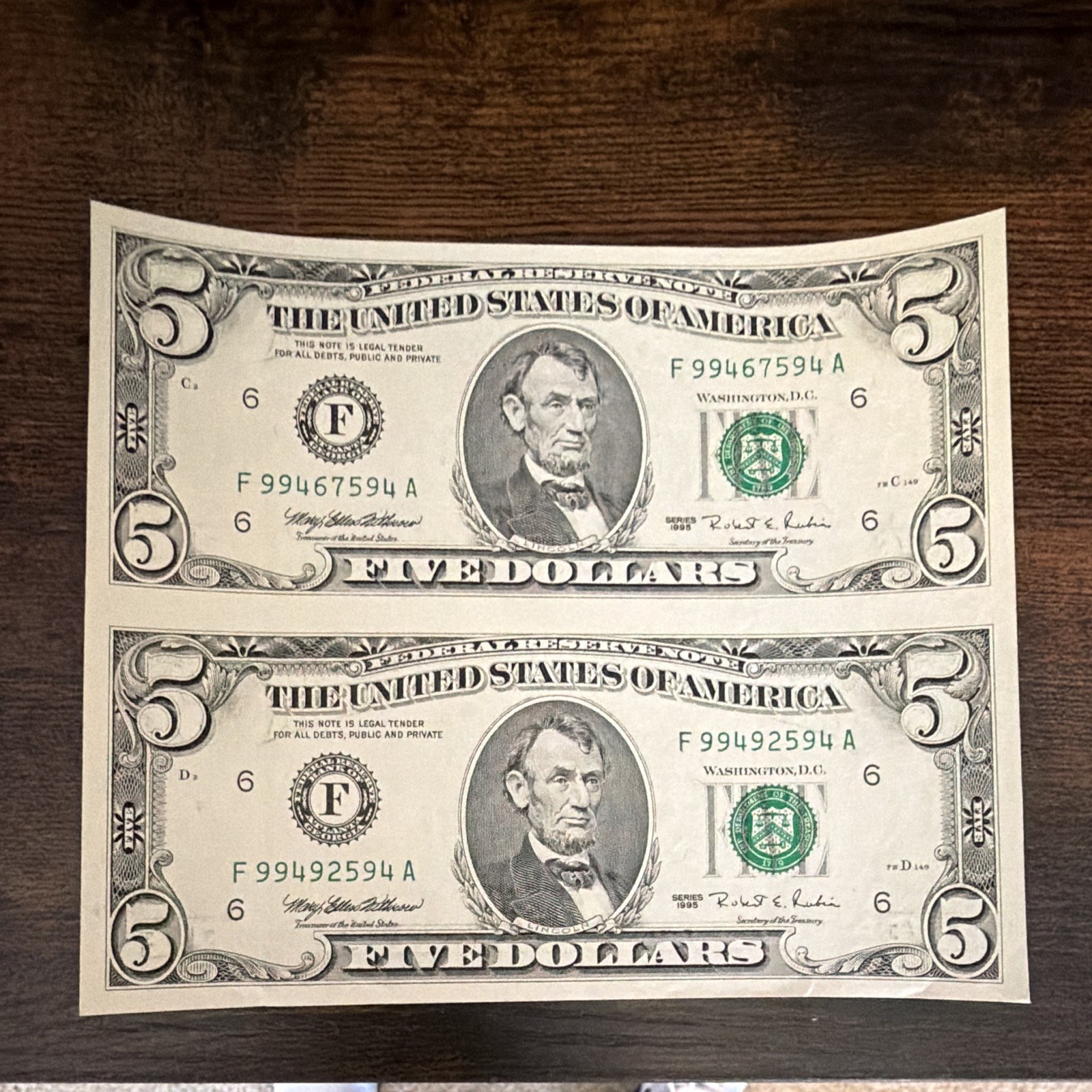 Lot of 2 Uncut Series 1995 $5 US Federal Reserve Notes Uncertified Lot of 2 Uncut Series 1995 $5 US Federal Reserve Notes Uncertified