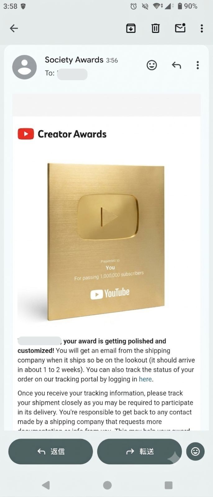 Buy Genuine YouTube 1 Million Golden Plaque  Awards  with Custom Name Engraving