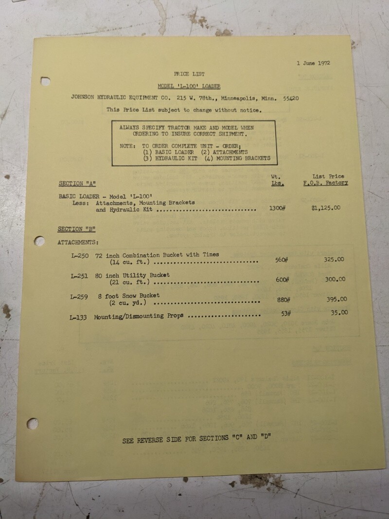 JOHNSON WORK HORSE PRODUCTS L-100 LOADER TRACTOR PRICE LIST 1972 ATTACHMENT