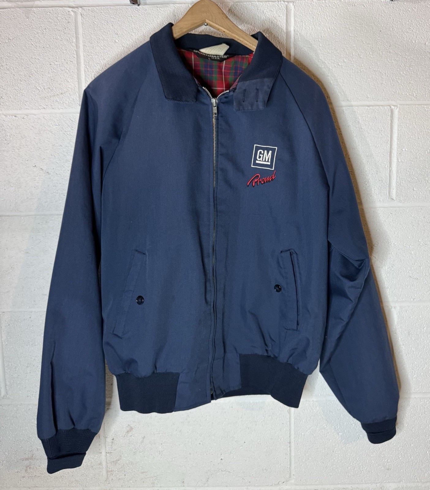 Vintage GM Proud Mens L Jacket Coat General Motors Blue Plaid Sportsmaster