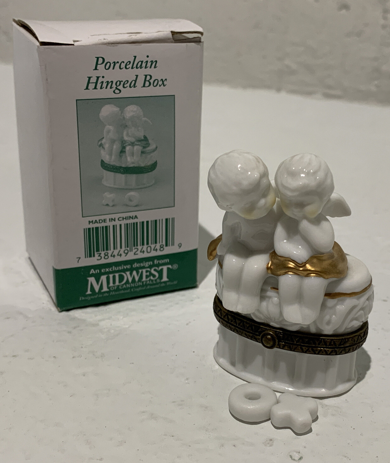 MIDWEST Porcelain Two Angels Hinged Trinket Keepsake Box Vintage W/XO Inside