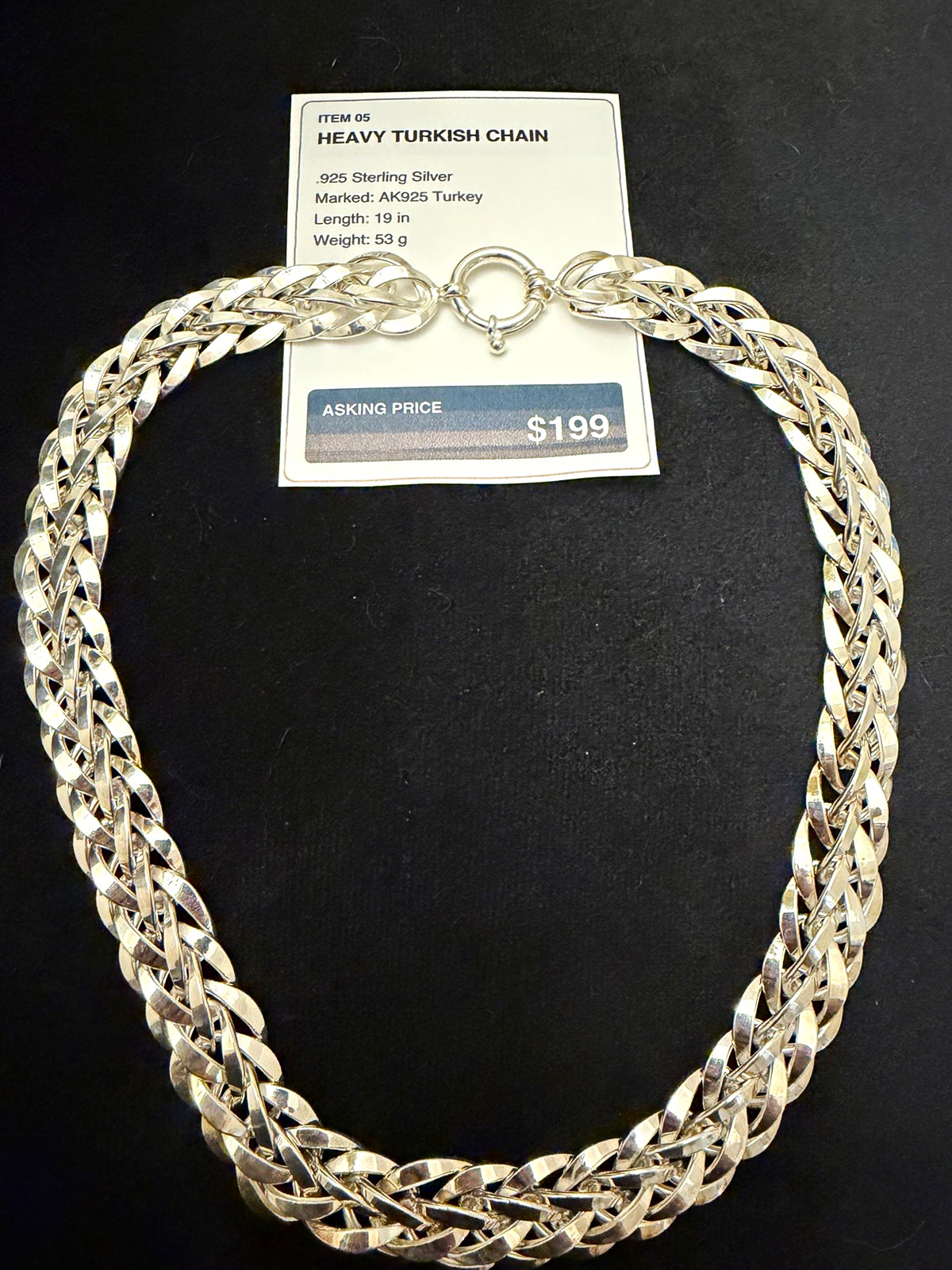 Heavy 53g Sterling Silver Braided Chain Necklace 19” AK925 Turkey .925