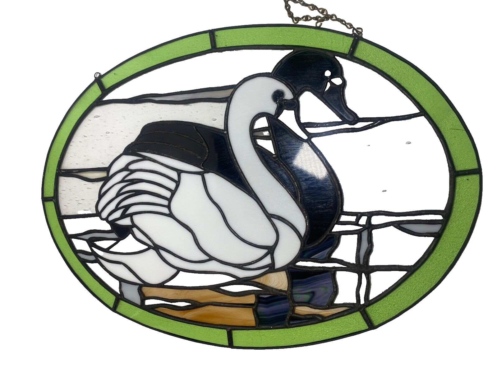 Vintage Leaded Stained Glass Suncatcher Panel Swan White Black  18\