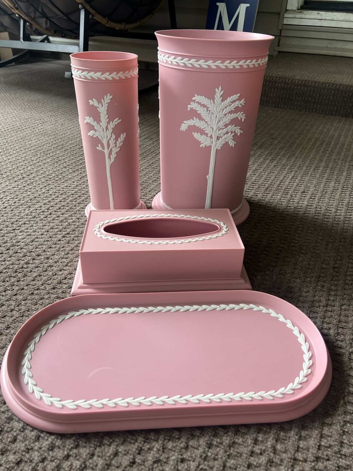 Vintage Fesco Pink Bathroom Set Trash Can Tissue Toilet Brush Holder Vanity Tray Vintage Fesco Pink Bathroom Set Trash Can Tissue Toilet Brush Holder Vanity Tray