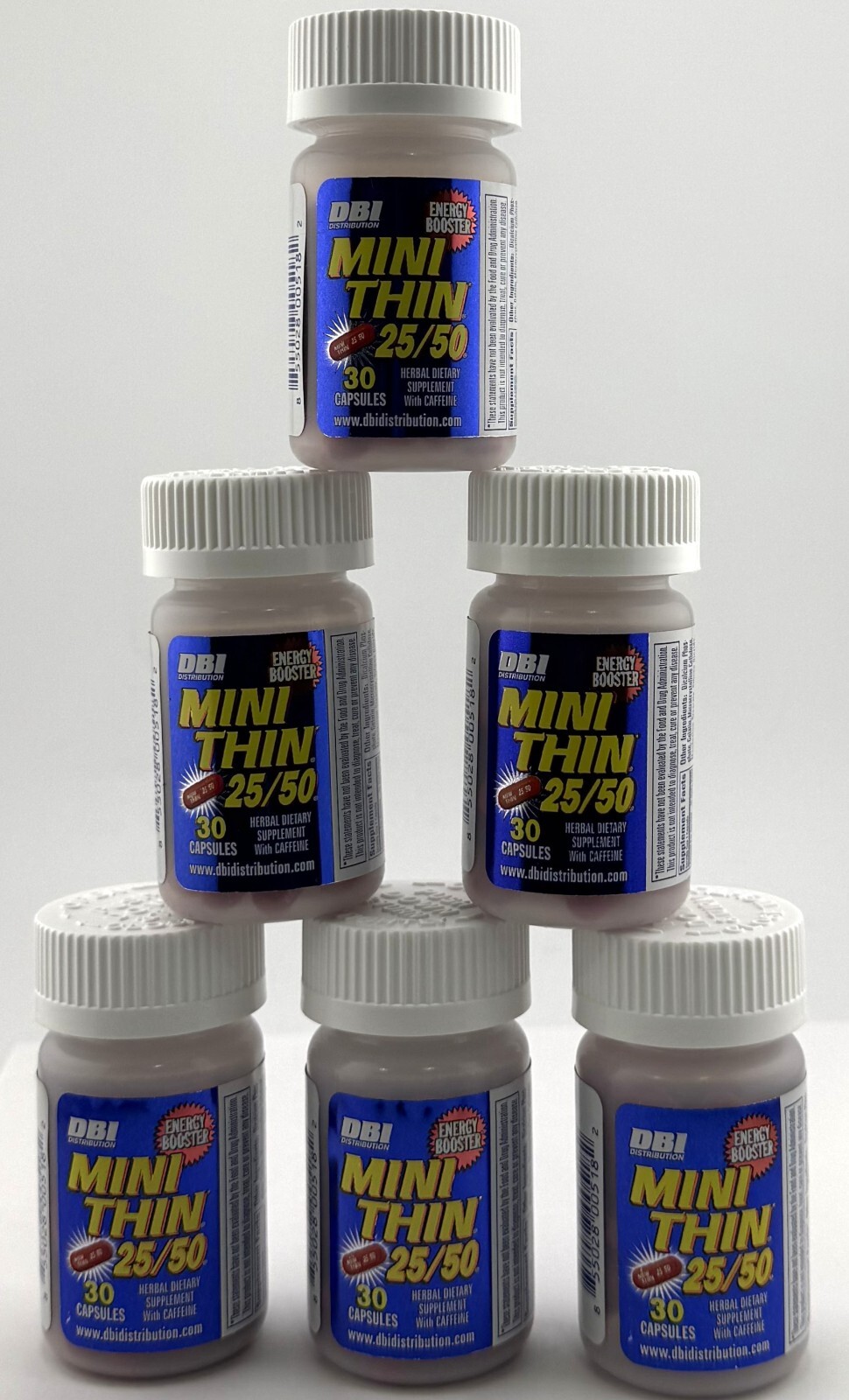 (6) 30ct BOTTLES MINI THIN 25/50 EF ENERGY BOOSTER (30 x6 Bottles) = 180 PILLS (6) 30ct BOTTLES MINI THIN 25/50 EF ENERGY BOOSTER (30 x6 Bottles) = 180 PILLS