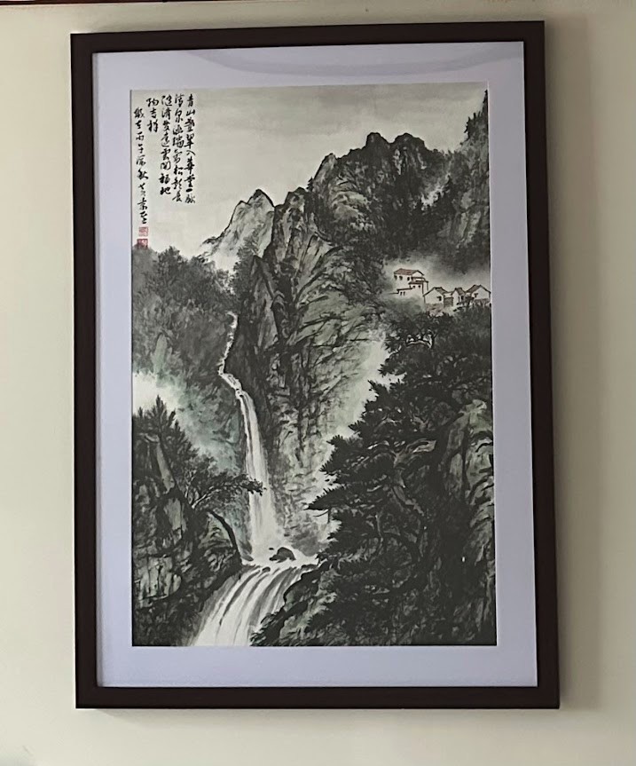 Framed Chinese Traditional Painting, village, waterfall and mountain landscape