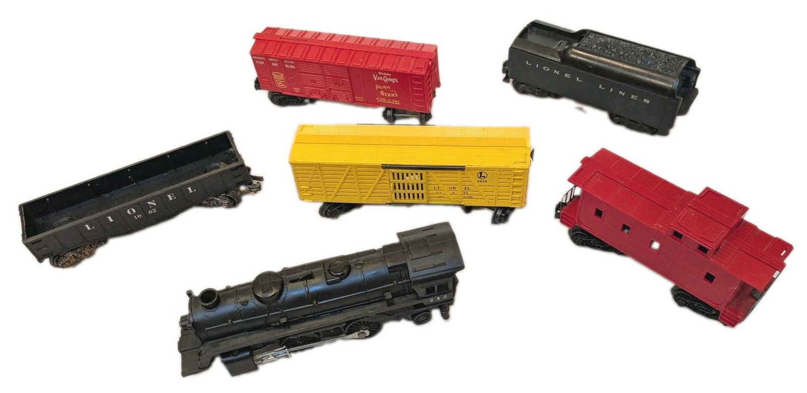 Vintage Lionel O-27 Train Cars Mixed Lot 242 Engine 6656 1002 Van Camps Caboose