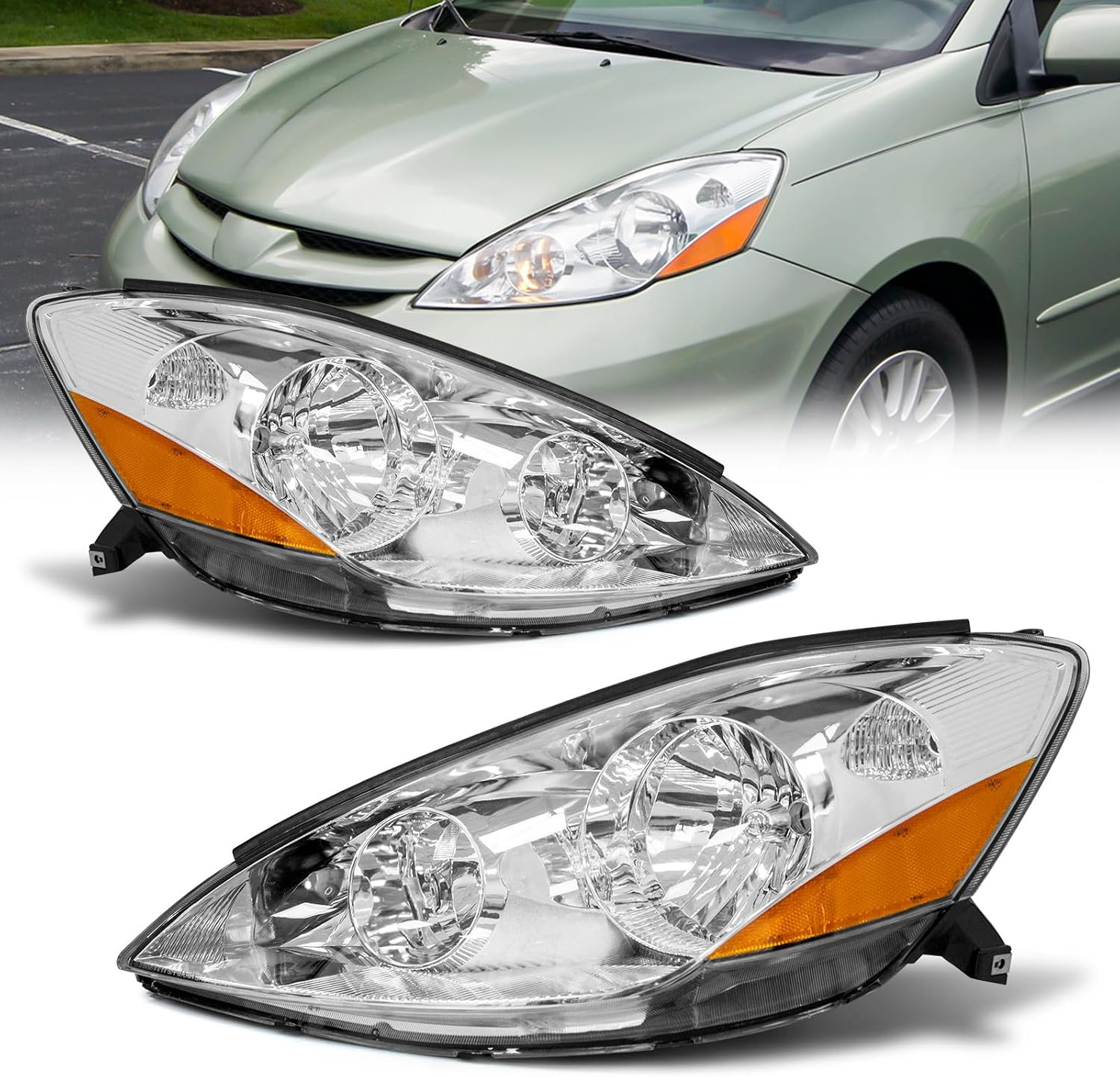 2006-2010 Toyota Sienna Headlight Assembly Left Right Chrome–Compatible Replacem 2006-2010 Toyota Sienna Headlight Assembly Left Right Chrome–Compatible Replacem