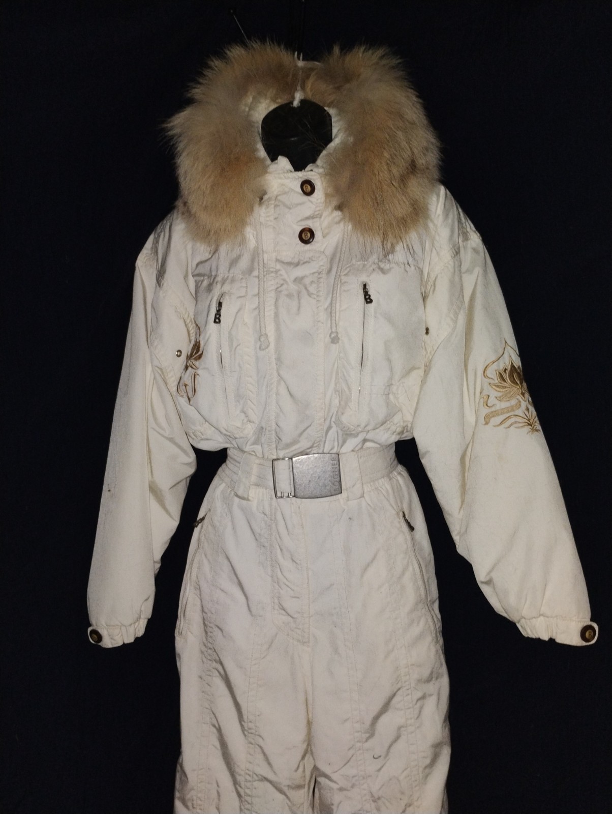Bogner Ski Jumpsuit  White Embroidered Fur Collar  Women's S