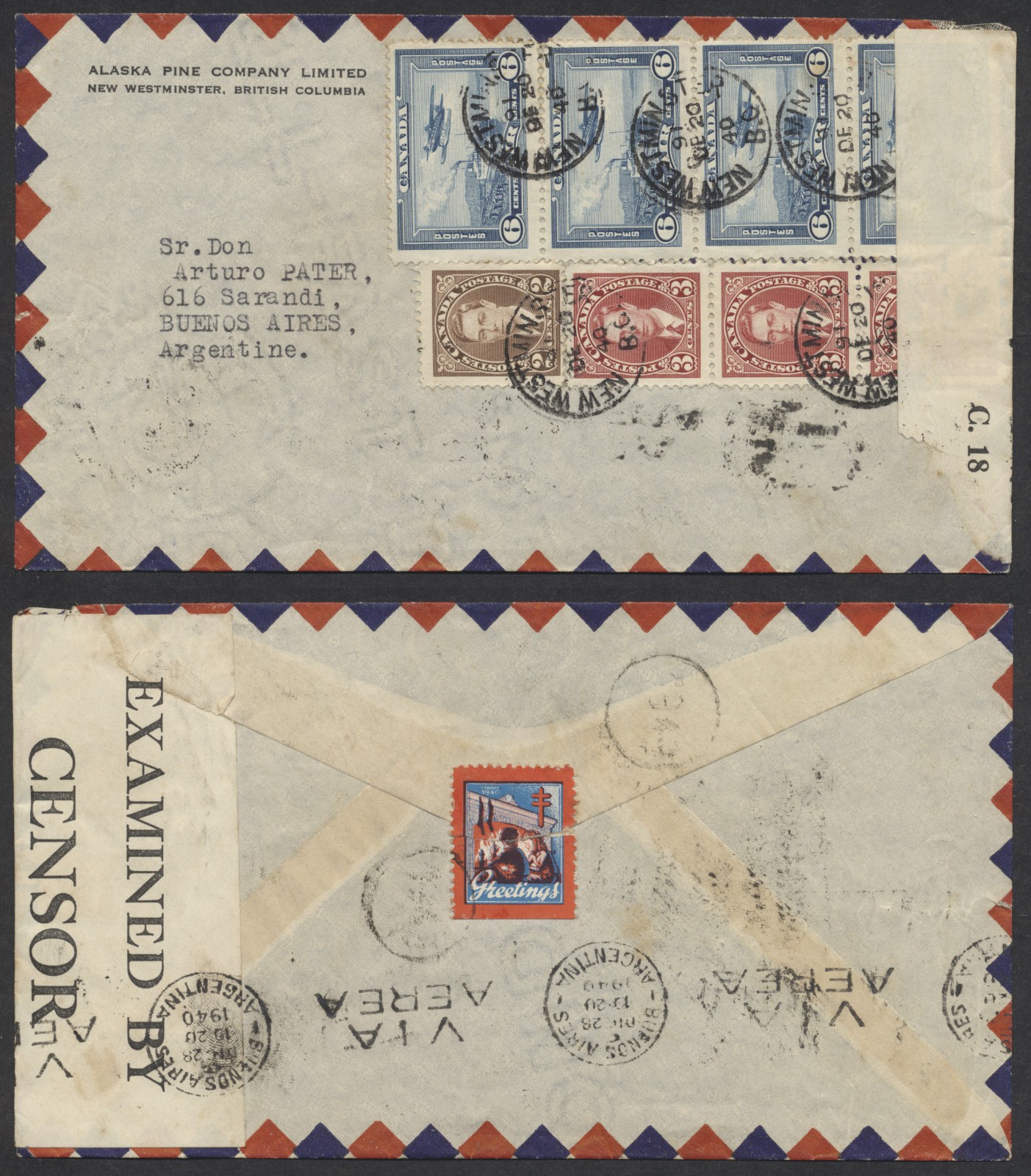 1940 Air mail Cover New Westminster BC to Argentina Censored Christmas Seal Back