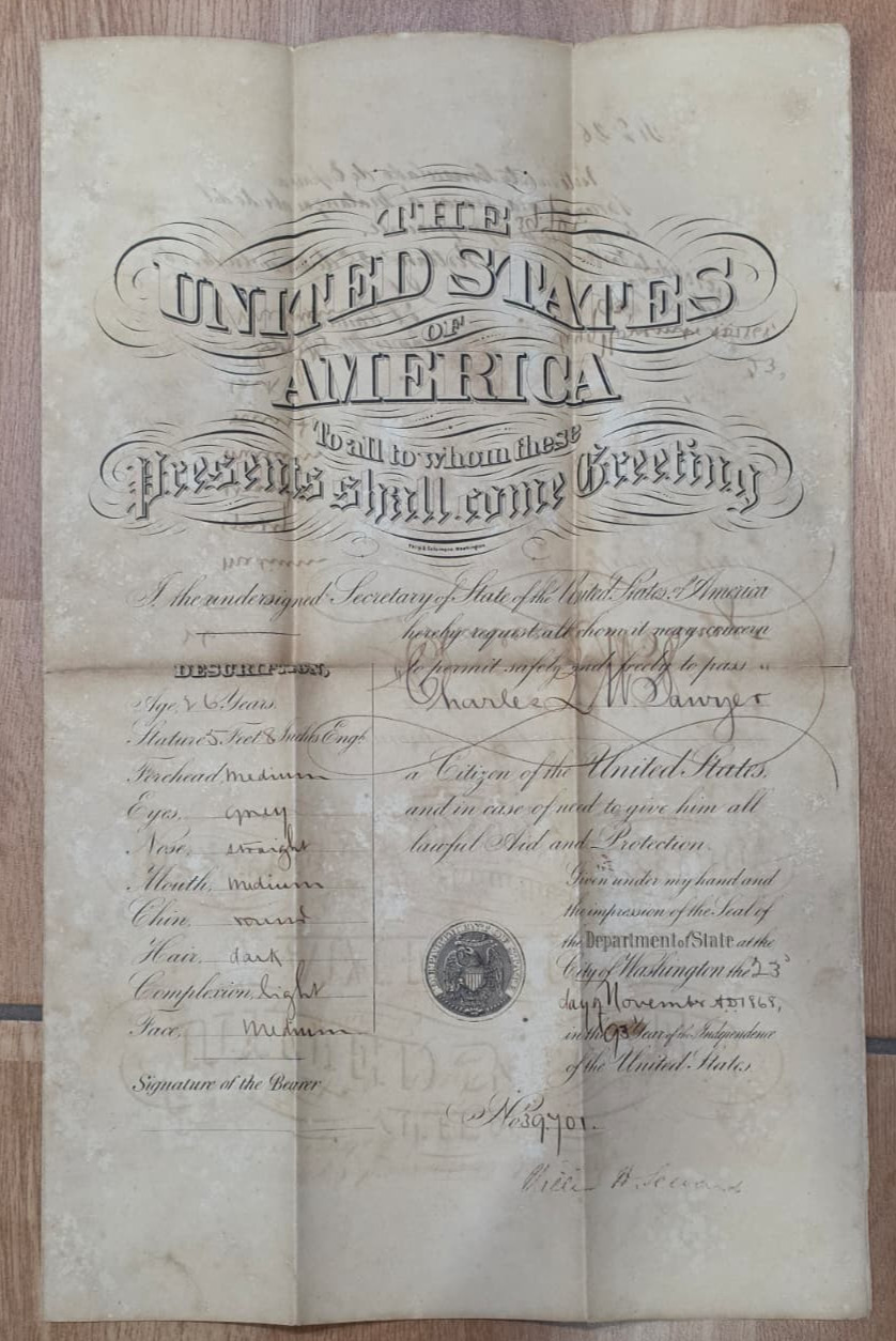 RARE CIVIL WAR ERA UNITED STATES PASSPORT SIGNED AUTOGRAPH ORIG DOCUMENT 1868 RARE CIVIL WAR ERA UNITED STATES PASSPORT SIGNED AUTOGRAPH ORIG DOCUMENT 1868