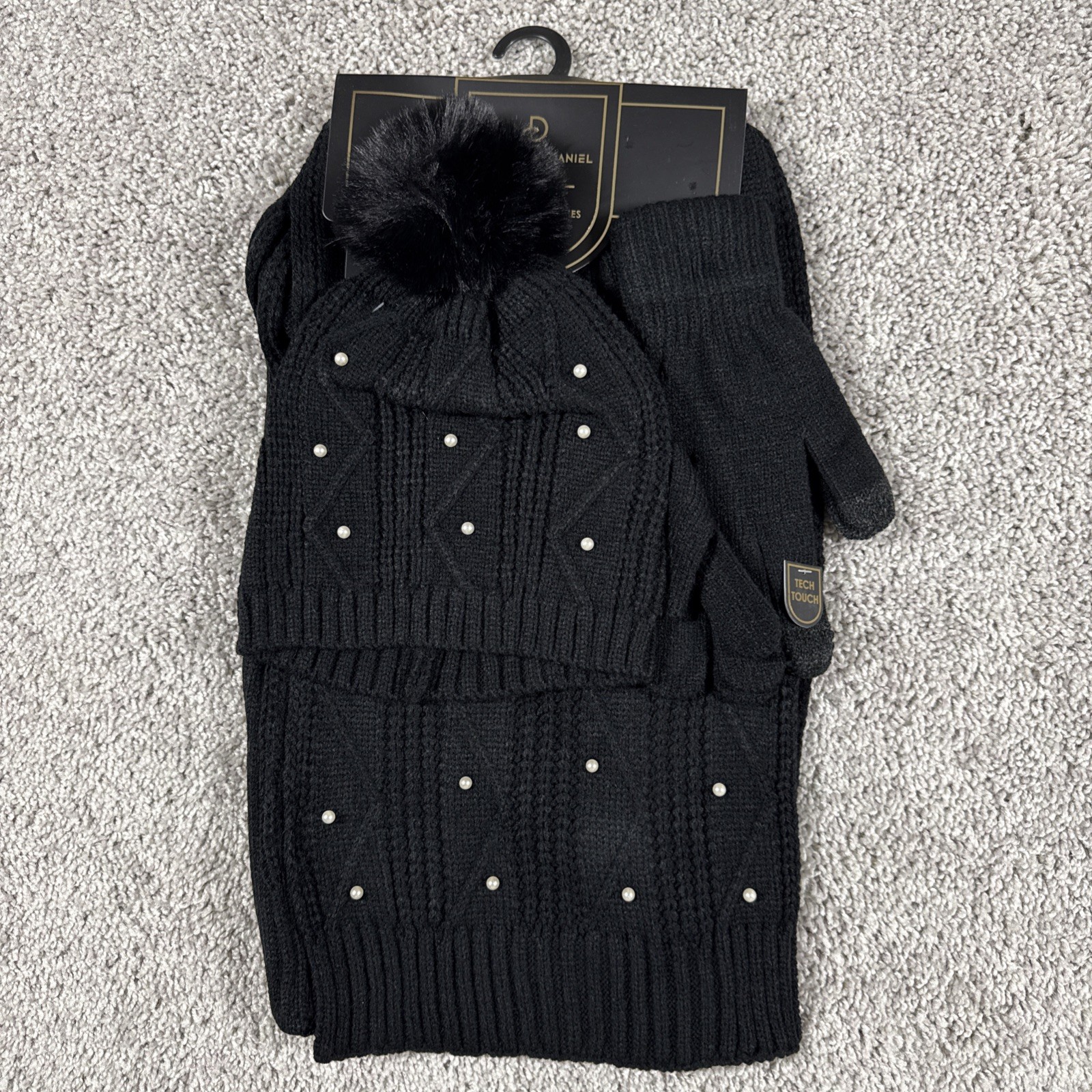 NWT Charlotte Daniel Scarf, Hat, Gloves Set Black With Pearl Accents Women’s 