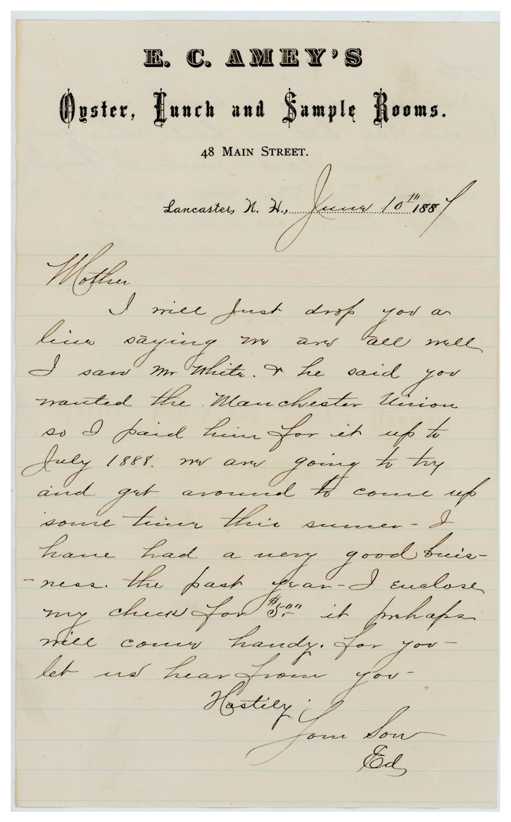 1888 Lancaster NH Letter from Ed at E.C. Amey’s Oyster Lunch Rooms to His Mother