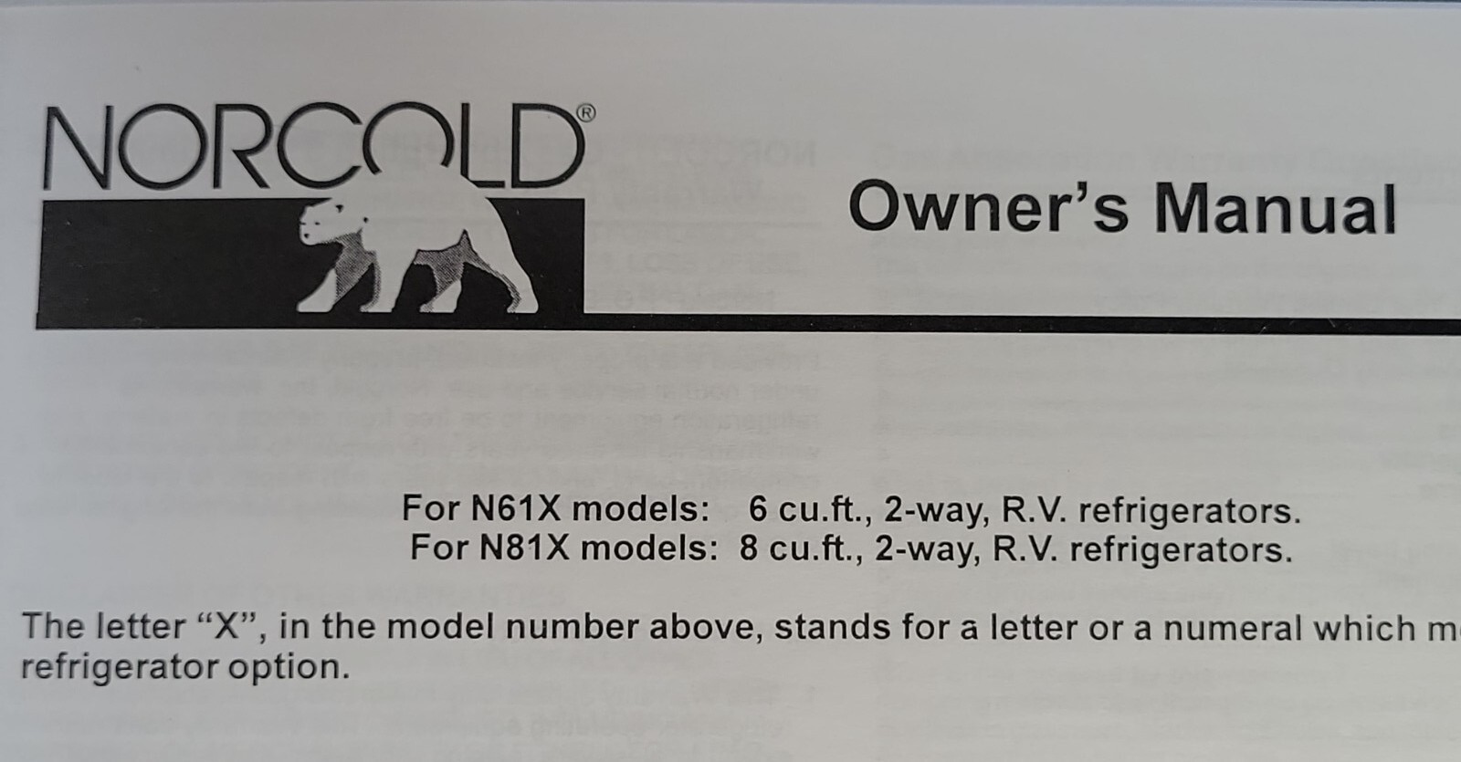 Norcold Refrigerator N61X N81X 2-Way RV 110v LP- Gas Owners Manual 6 8 cu. ft.