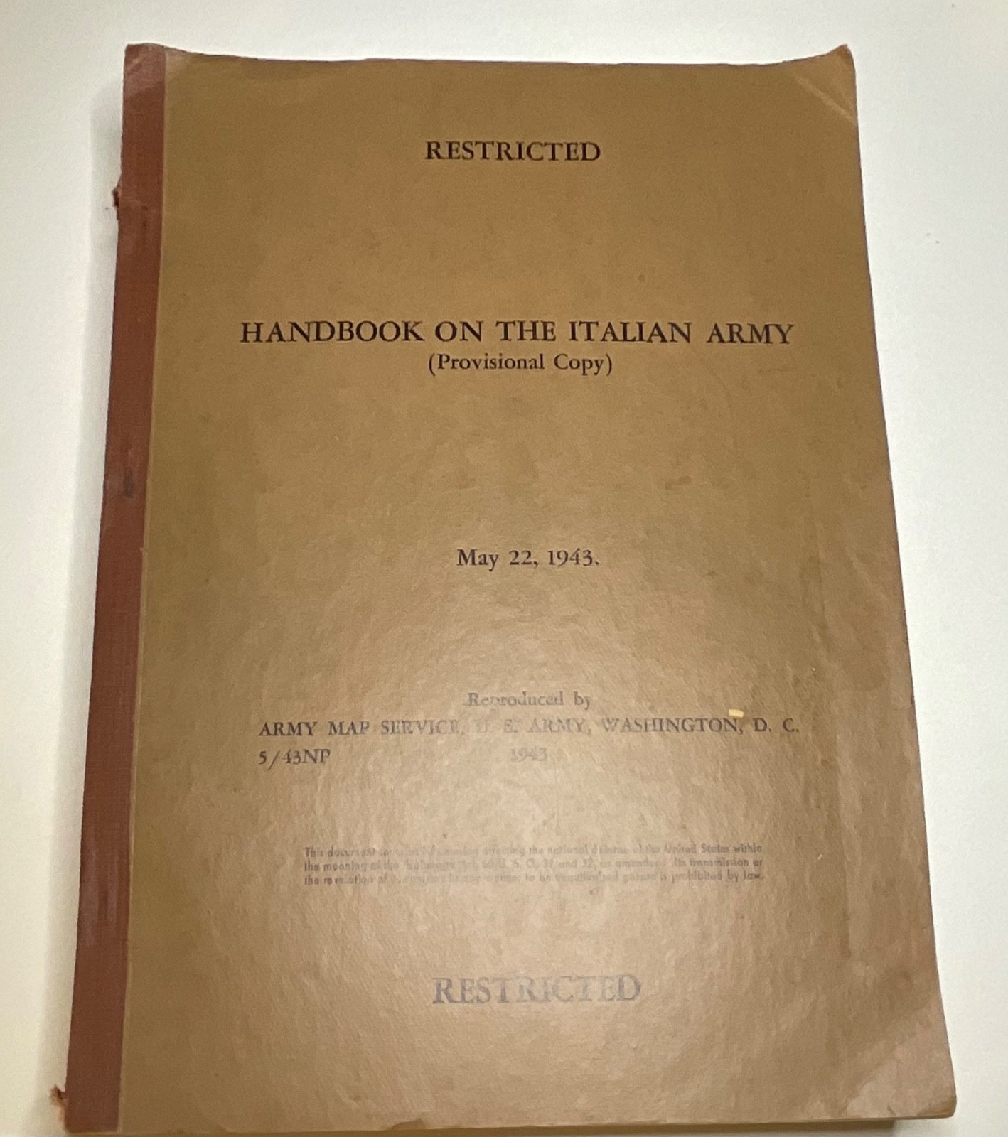 RARE 1943 WWII US Army  Book Italian Army Provisional Intelligence