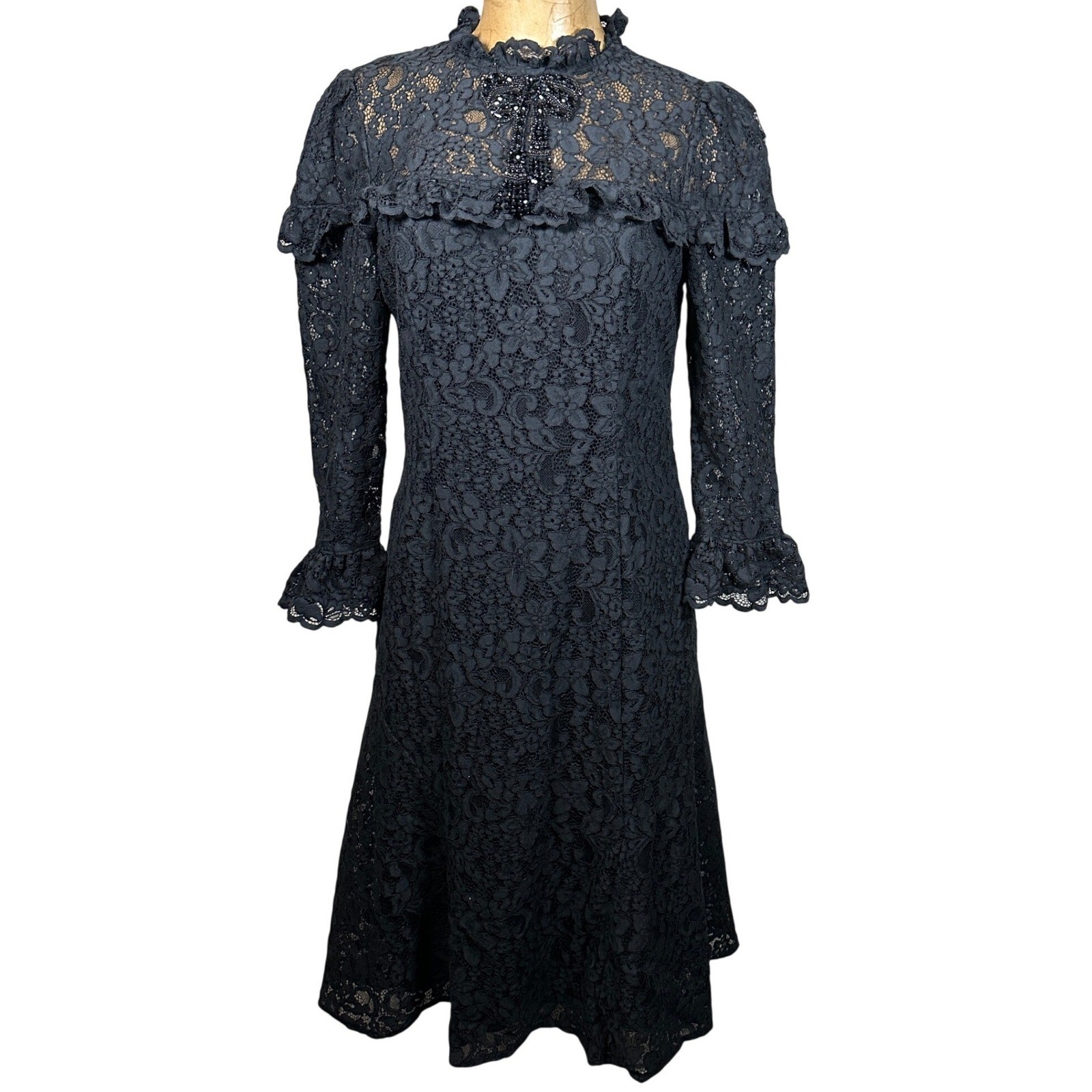 Rickie Freeman Teri Jon Black Floral Lace Beaded Bow Dress Victorian 6 Witchy