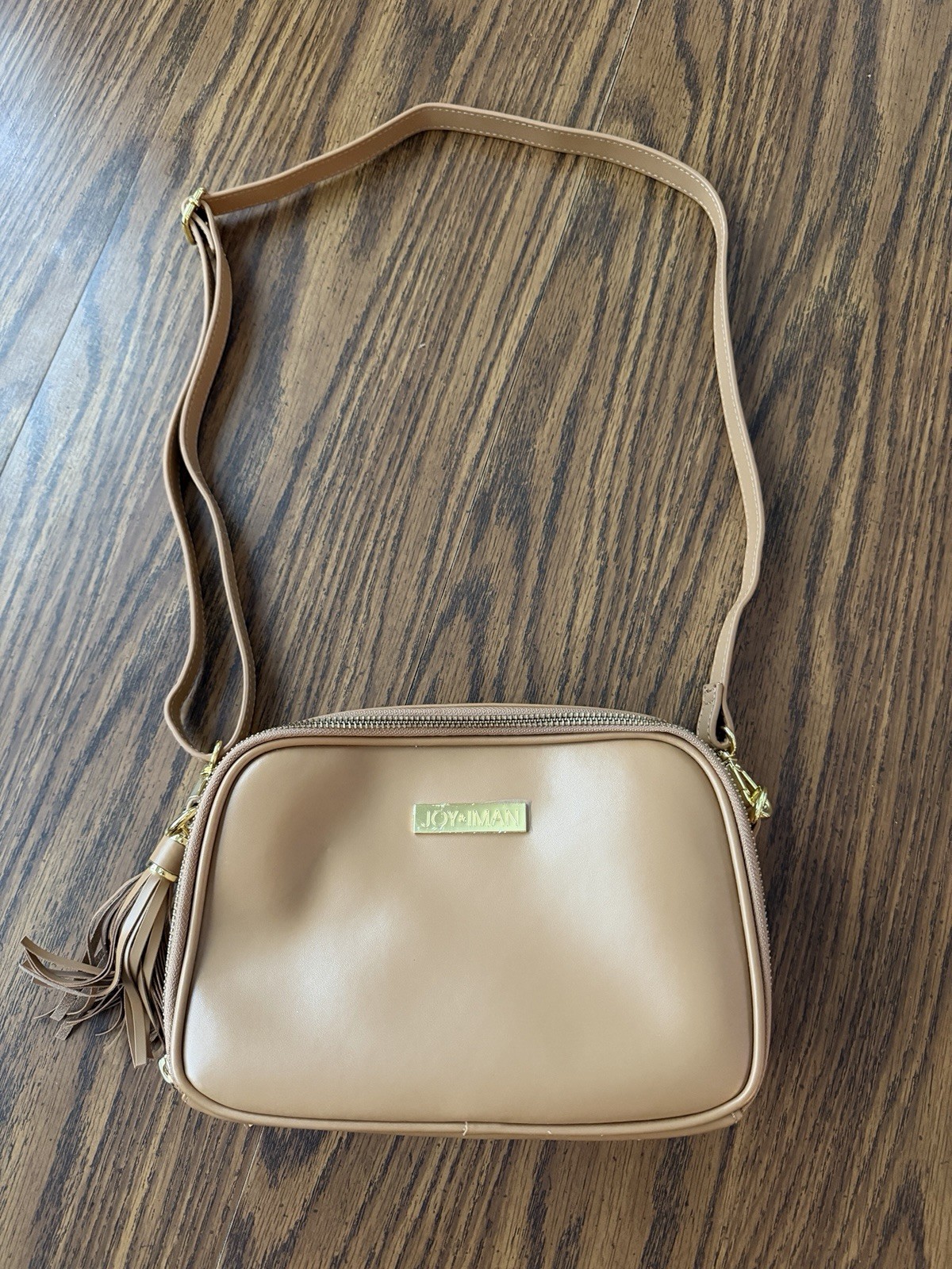 Joy Mangano & Iman Brown Beige Tan Leather Crossbody Bag Tassel Charm RFID EUC