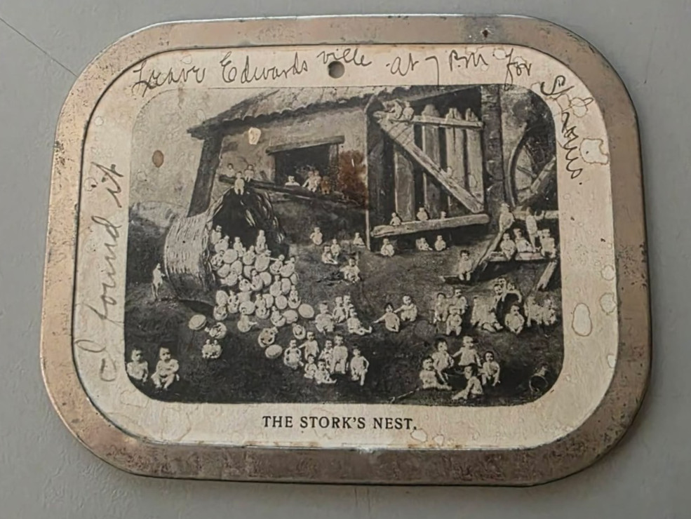 Unusually Rare Metal Rimmed Postcard Stork\'s Nest Pregnancy Backstory