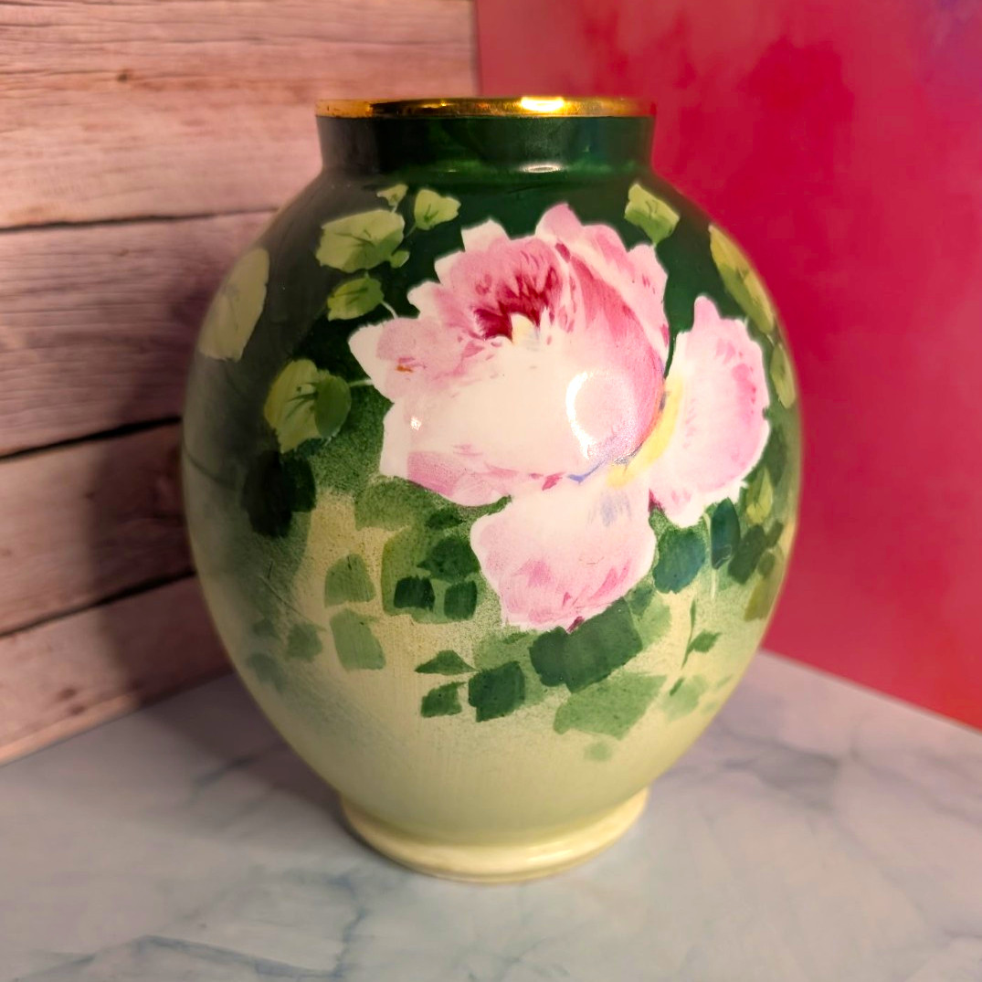 Antique Limoges France Hand Painted Floral Vase Signed F Poujol Pink Roses 7.5\