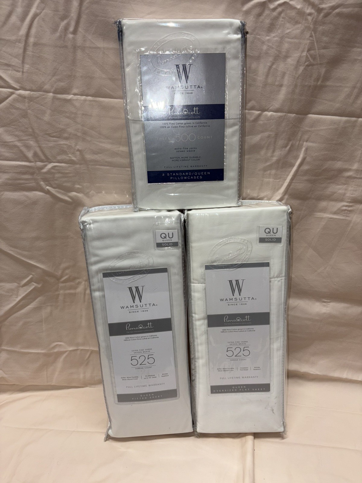BNWT RARE WAMSUTTA 525 & 500 THREAD COUNT QUEEN SHEET SET BUNDLE IN WHITE