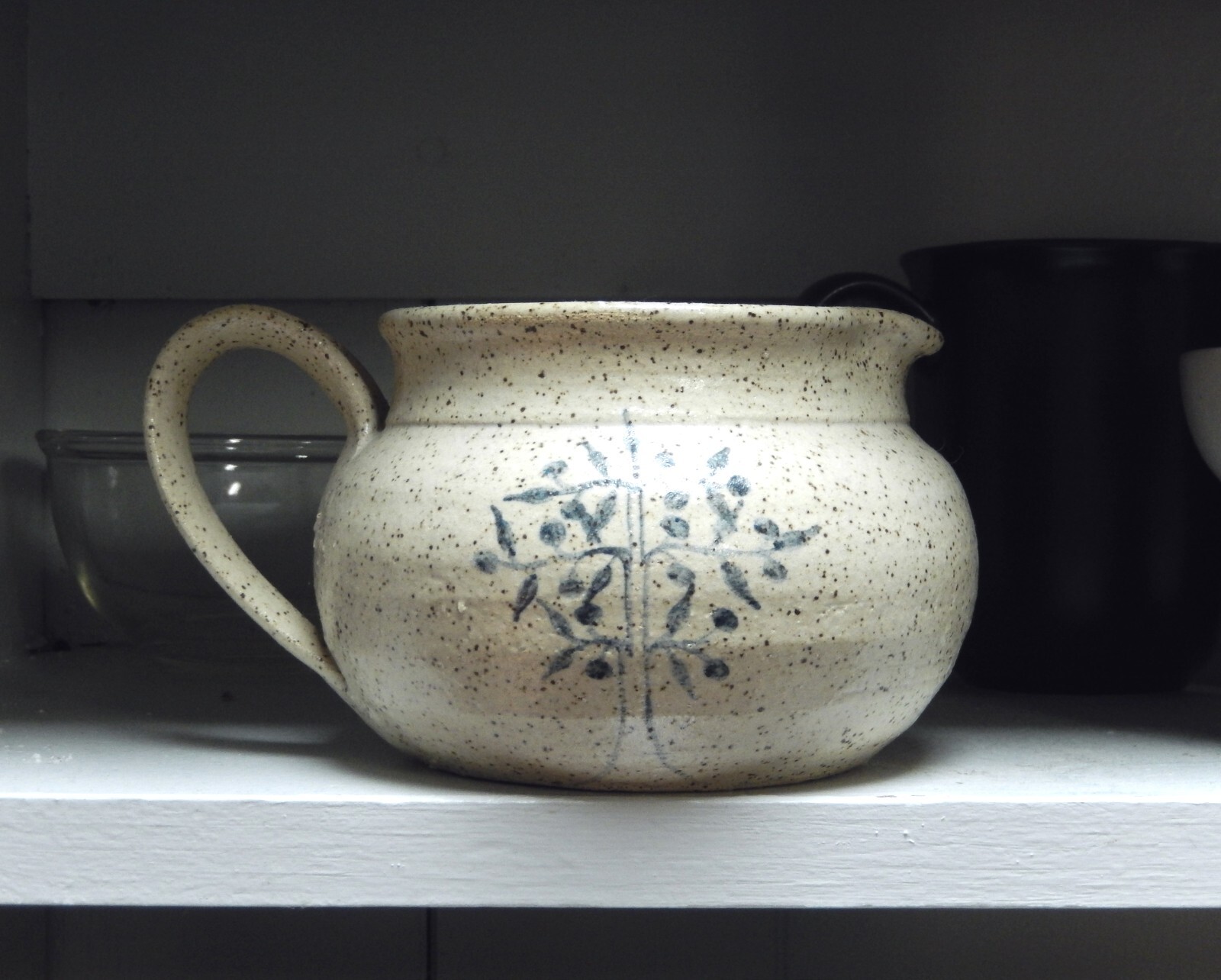 Studio Art Pottery Stoneware Pitcher Creamer, Speckled Ivory w Painted Blue Tree