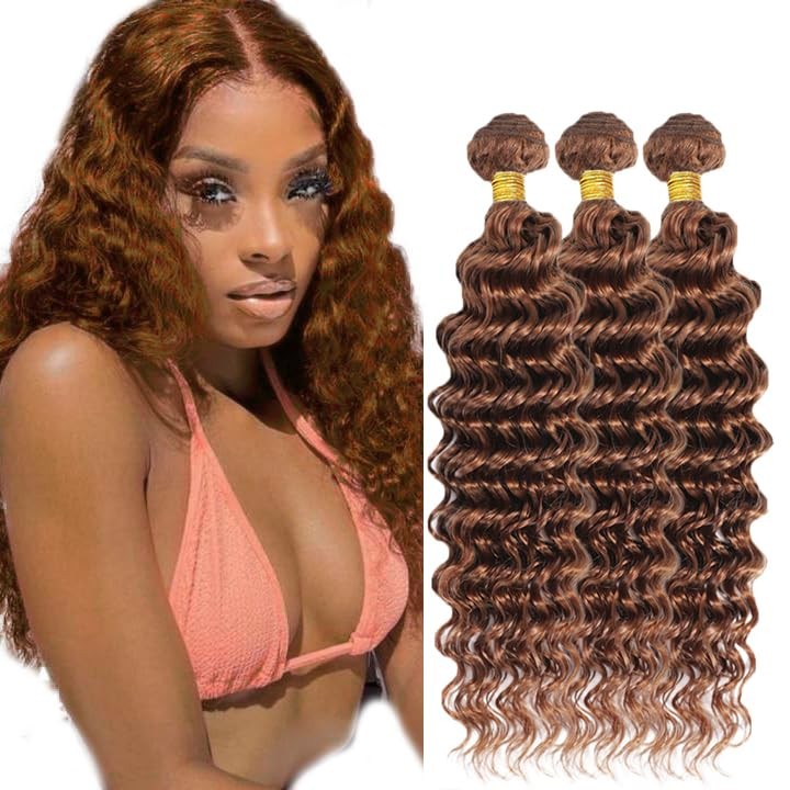 Human Hair Deep Wave Bundles Brazilian Virgin 24 26 28 Inch #30 Brown 3 Bundle