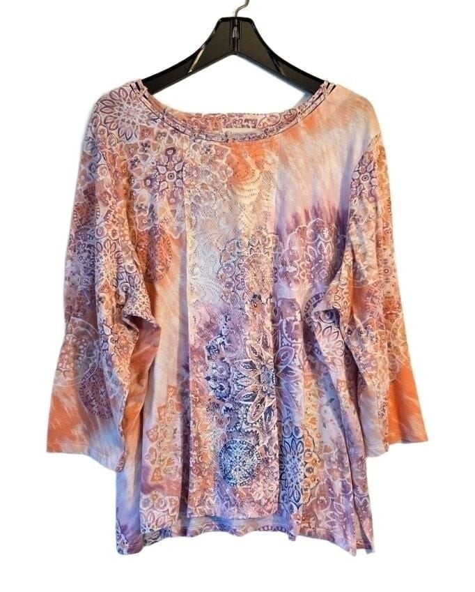 Alfred Dunner Women\'s 3X Floral Lace Tunic Top w/ 3/4 Sleeves and Mandala Print