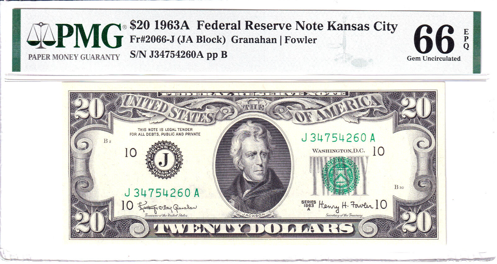 1963-A $20 Federal Reserve Note Kansas City PMG 66EPQ #J34754260A 1963-A $20 Federal Reserve Note Kansas City PMG 66EPQ #J34754260A