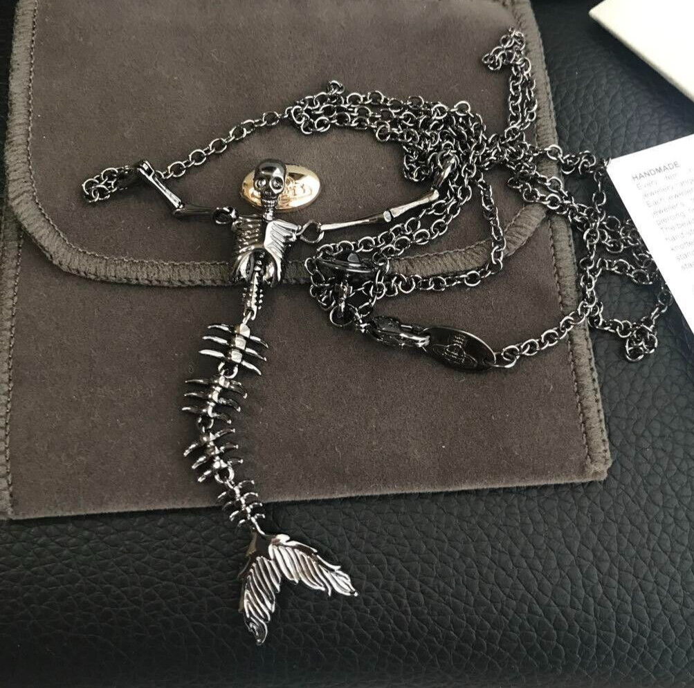 Vivienne Westwood Ariel Skeleton Mermaid Skull Necklace Black with drawstring
