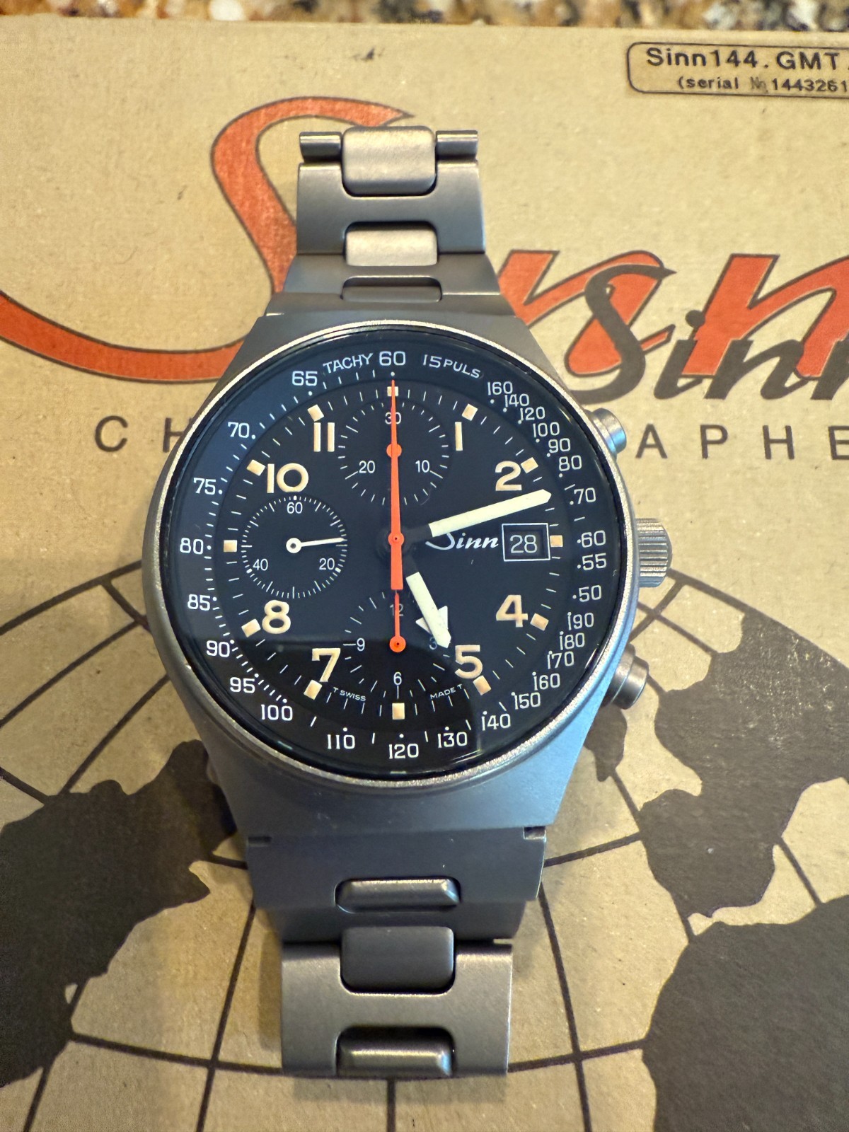 Sinn 144 GMT TI Chrono Date black Dial Automatic w/box and manuals - NEAR MINT Sinn 144 GMT TI Chrono Date black Dial Automatic w/box and manuals - NEAR MINT