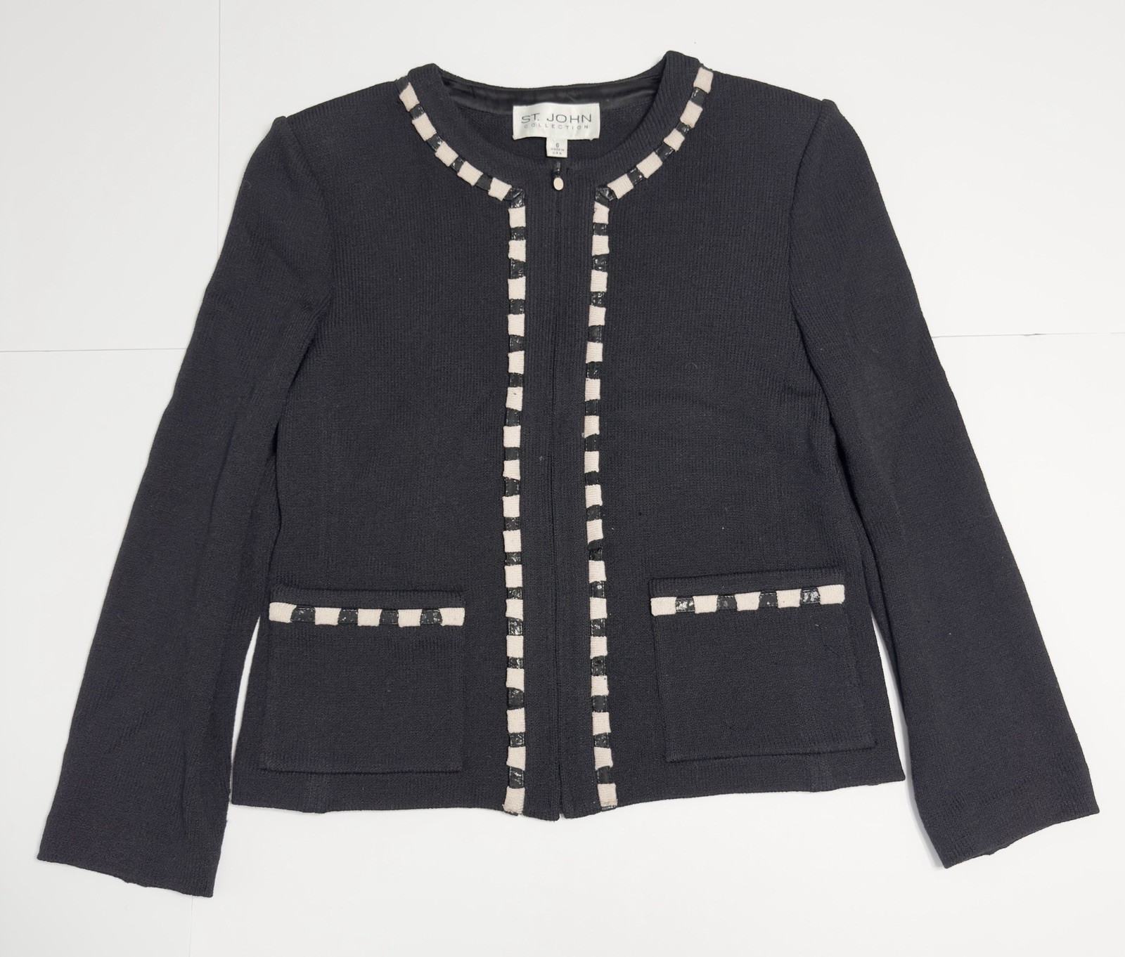VTG St John Collection Santana Full Zip Knit Cardigan Jacket Shoulder Pads 6 USA VTG St John Collection Santana Full Zip Knit Cardigan Jacket Shoulder Pads 6 USA