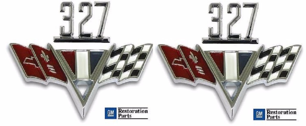 CHEVY 327 V-Flag Fender Emblem **PAIR** Chevy II, Chevelle, Camaro w/Nuts