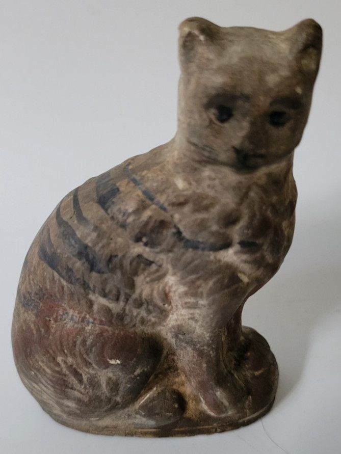Antique Primitive German ? Chalkware Cat with Some of the Original Paint Antique Primitive German ? Chalkware Cat with Some of the Original Paint