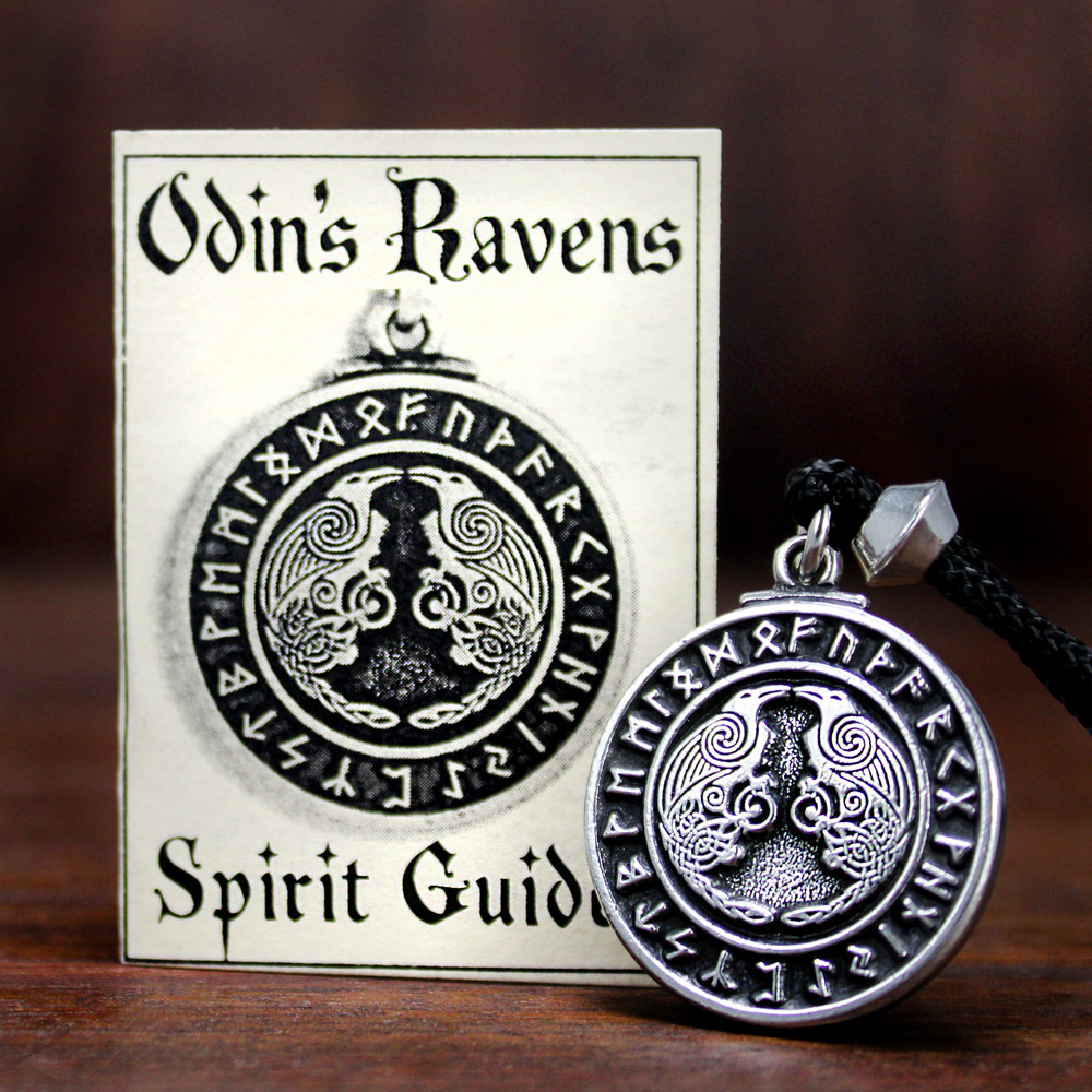 Pewter Odin Ravens Pendant Huginn and Muninn Norse Asatru Necklace Rune Jewelry