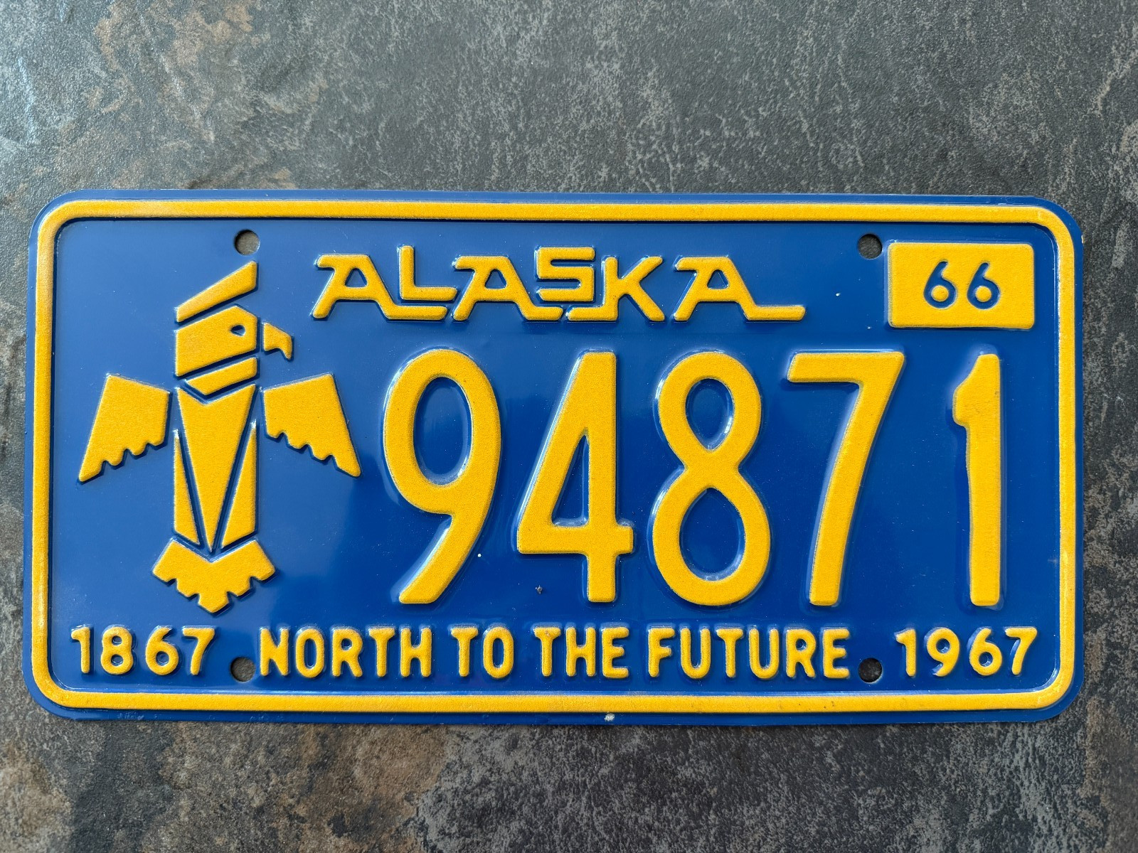 1966  Alaska License Plate 94871 Totem North To The Future