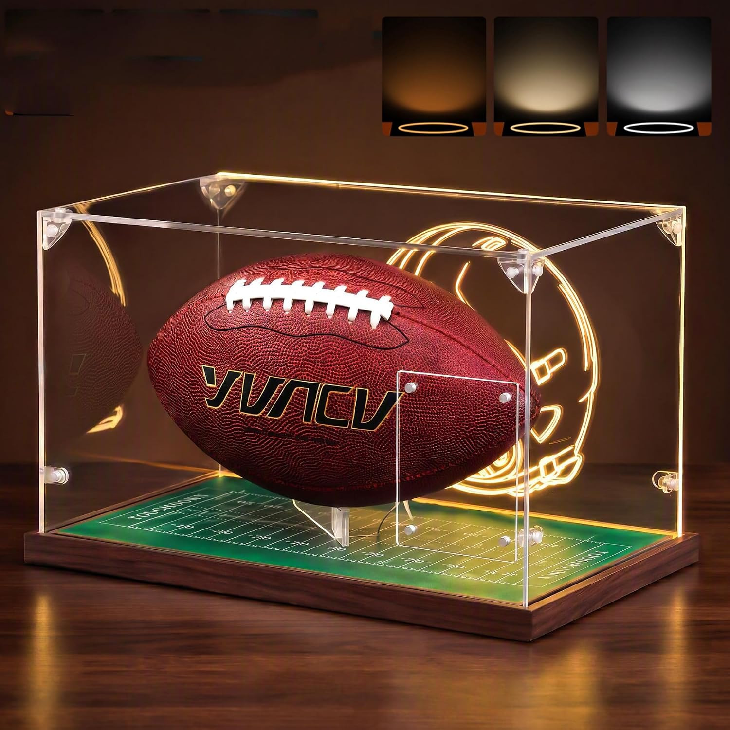 Football Display Case with Light,Full Size Acrylic Clear Box with Wood Stand, UV